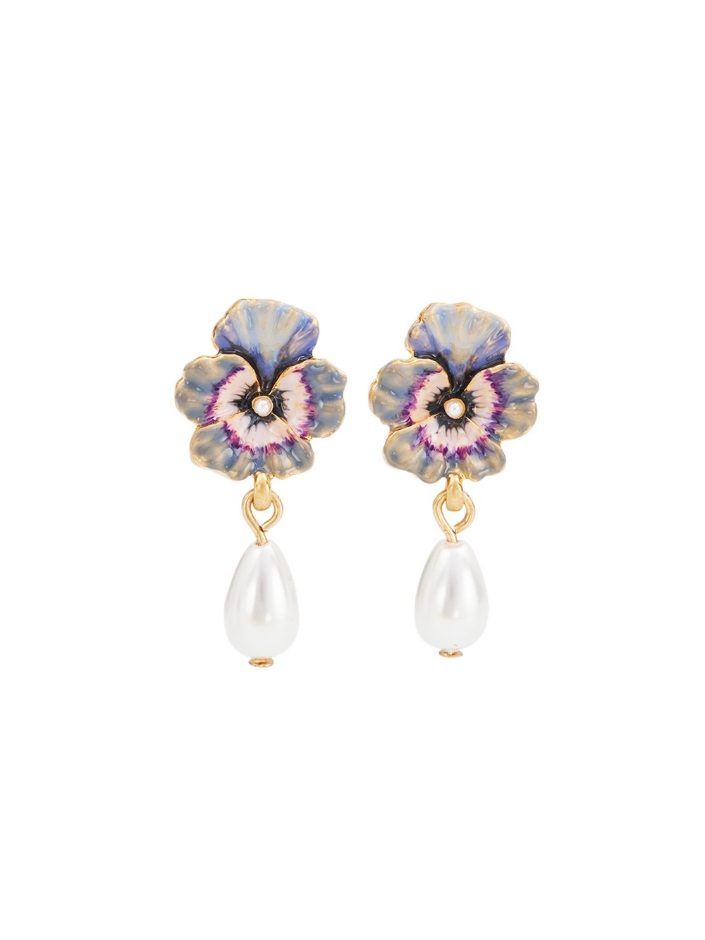 Gold Pansy & Pearl Drop Stud Earrings by Fable England